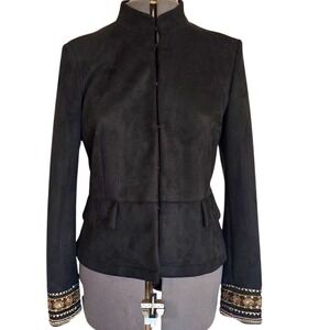 Zara Basic Black Faux Suede Jacket W/ Beaded Embellished Cuffs Hook & Eye Closur